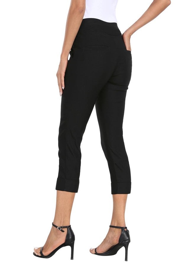 HDE Pull On Capri Pants for Women 21" Inseam Cropped Office Pants with Pockets Black - M - Image 3